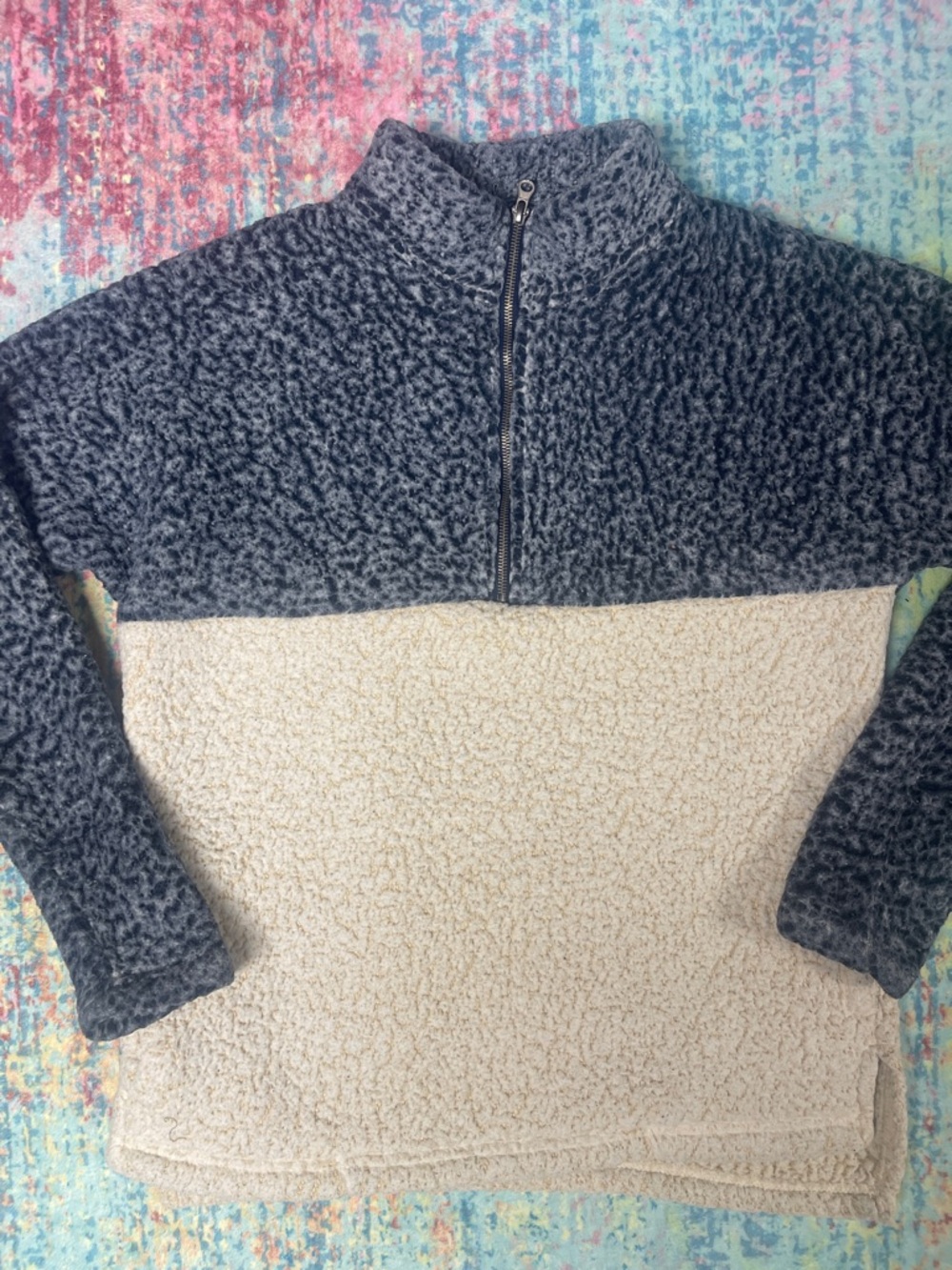 Two-Tone Sherpa Half-Zip Pullover - Charcoal & Cream
